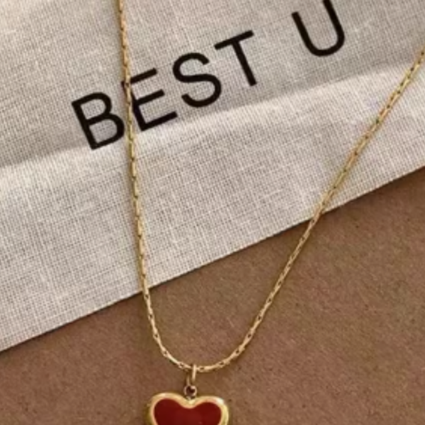 Gold-Colored Stainless Steel Necklace with Red Heart