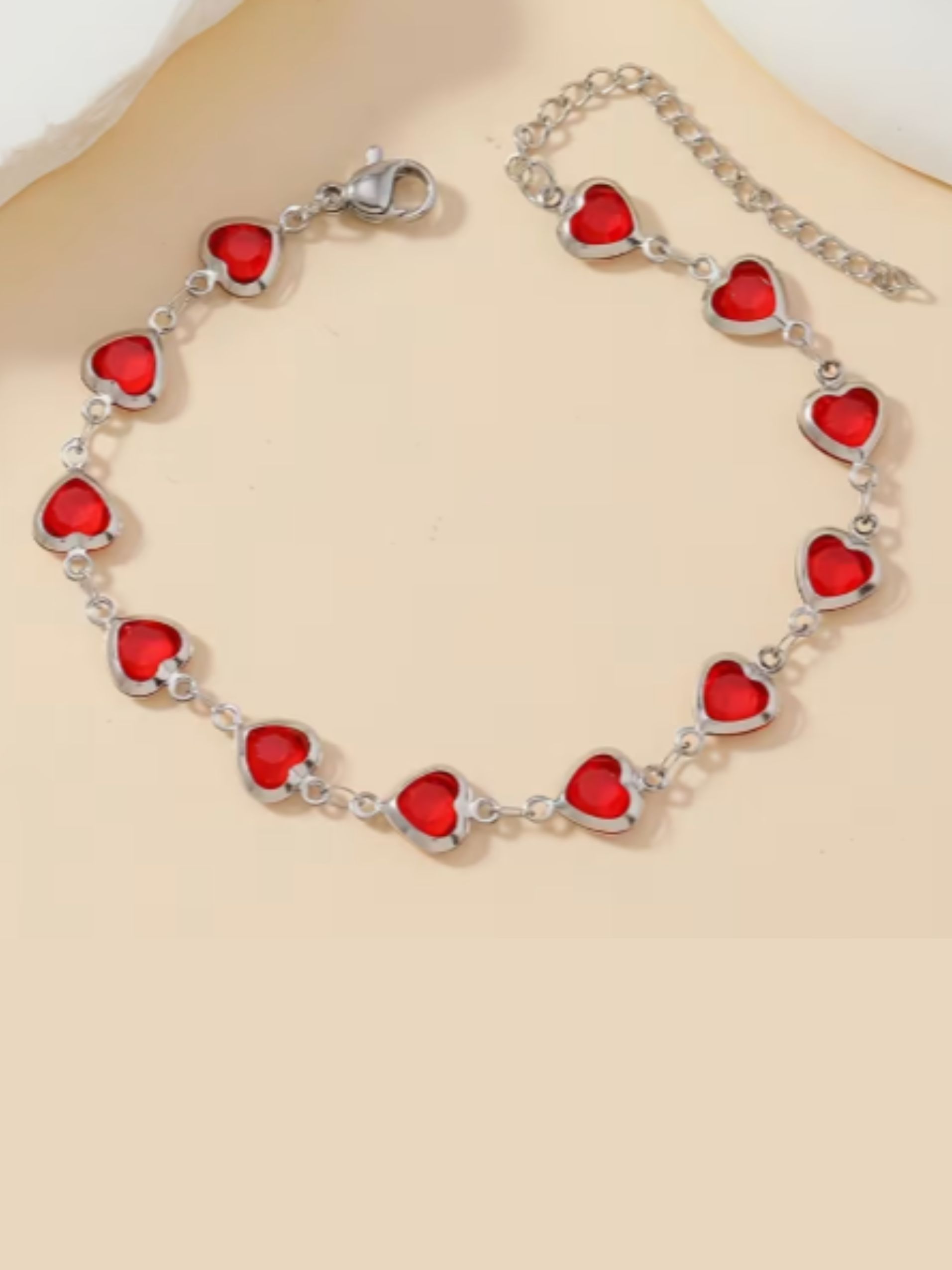 Stainless Steel Valentine’s Bracelet with Red Hearts